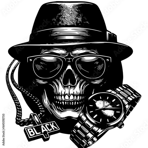 Skull gangster with hat and watch isolated on white background
