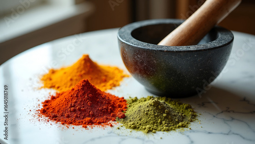 Mortier en pierre noire et pilon en bois sur plan de travail en marbre avec piles d’épices colorées au soleil
