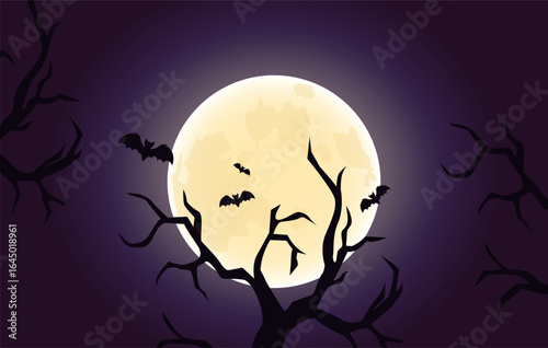 Halloween Spooky Nighttime Scene with full moon, bats and evil trees on horizontal background.