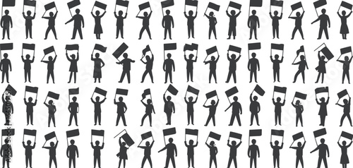 Vector seamless pattern of diverse people holding protest flags, rally crowd silhouettes, demonstration, activism, social movement, public gathering, freedom of speech concept