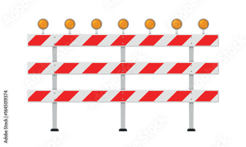 Illustration of a construction road barrier with red and white stripes and orange warning lights, which indicates that construction work is underway, ensuring safety
