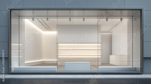 Modern minimalist retail store display window with clean white interior and empty lighting