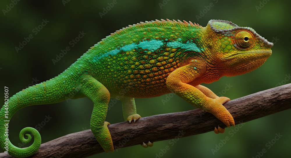 Fototapeta premium Vibrant chameleon perched on a branch showcasing its stunning color transformation wildlife