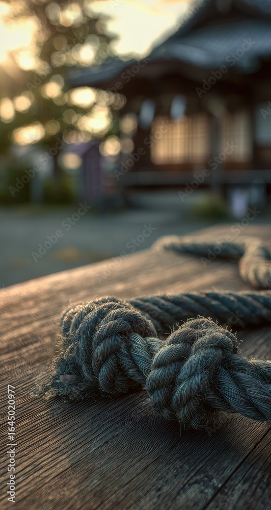 Fototapeta premium Close-up of thick, dark grey rope knotted on weathered wooden surface, blurred temple background at sunset