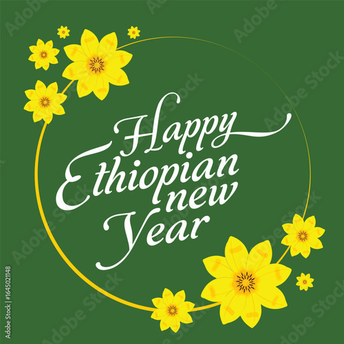Happy Ethiopian New Year Greeting – Adey Abeba Flower Design on Green Background