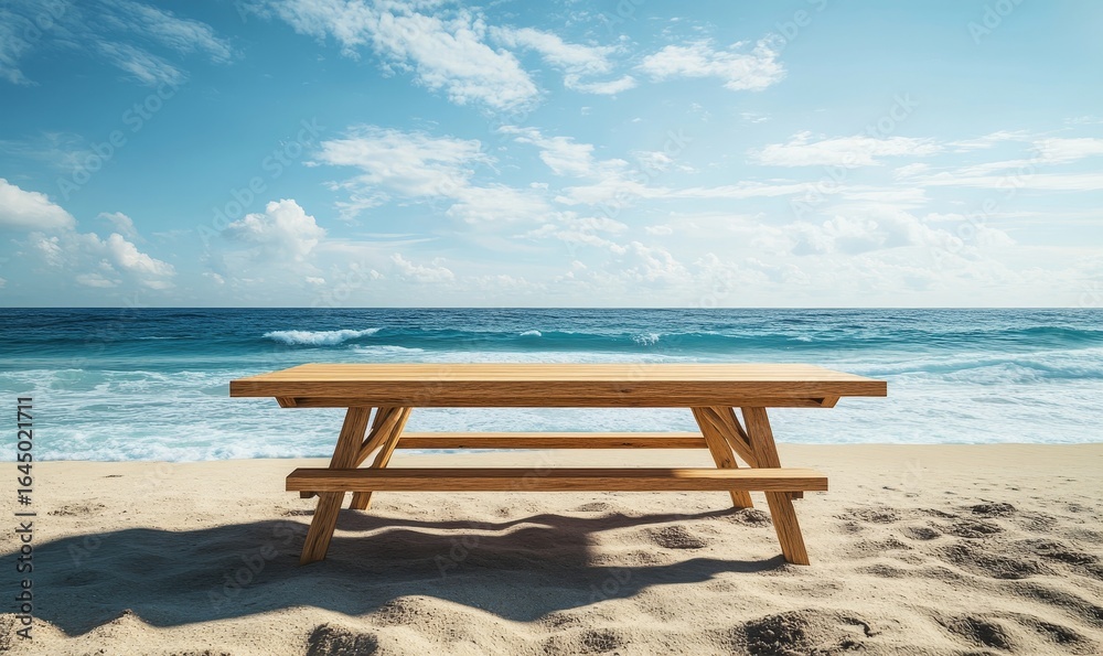 Fototapeta premium Wooden table on the beach with water next to it, creating a serene and idyllic setting for a vacation or lifestyle concept, Generative AI