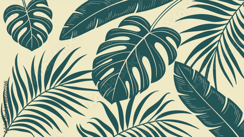 Tropical leaves pattern vector design for textile background and wallpaper monstera and palm leaves design