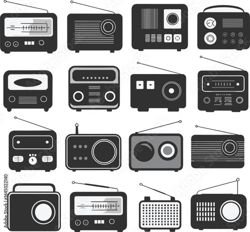 Vintage radio vector set, retro radio silhouettes, old-fashioned transistor radios, classic radio icons, antique communication devices, analog radio collection, radio clipart