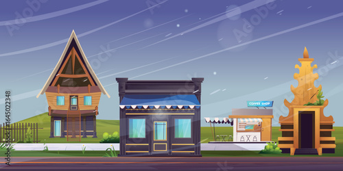 Traditional building architecture with streets, shops, and houses
