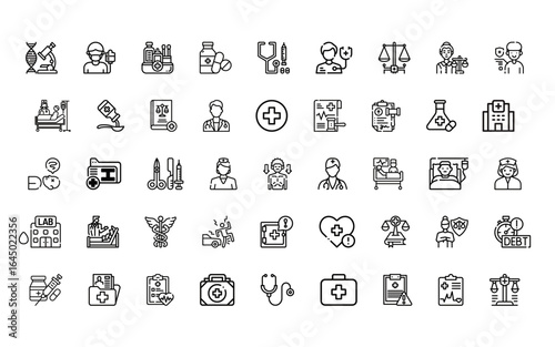 Medical healthcare line icon set. Vector pictograms of stethoscope, thermometer, syringe, pill, medicine, emergency, cross, heart, blood test, ambulance, medical law, legal, thin linear illustration.