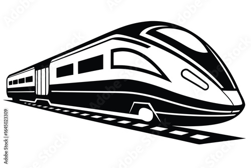 Sleek black and white train travels along the railway on a bright white backdrop