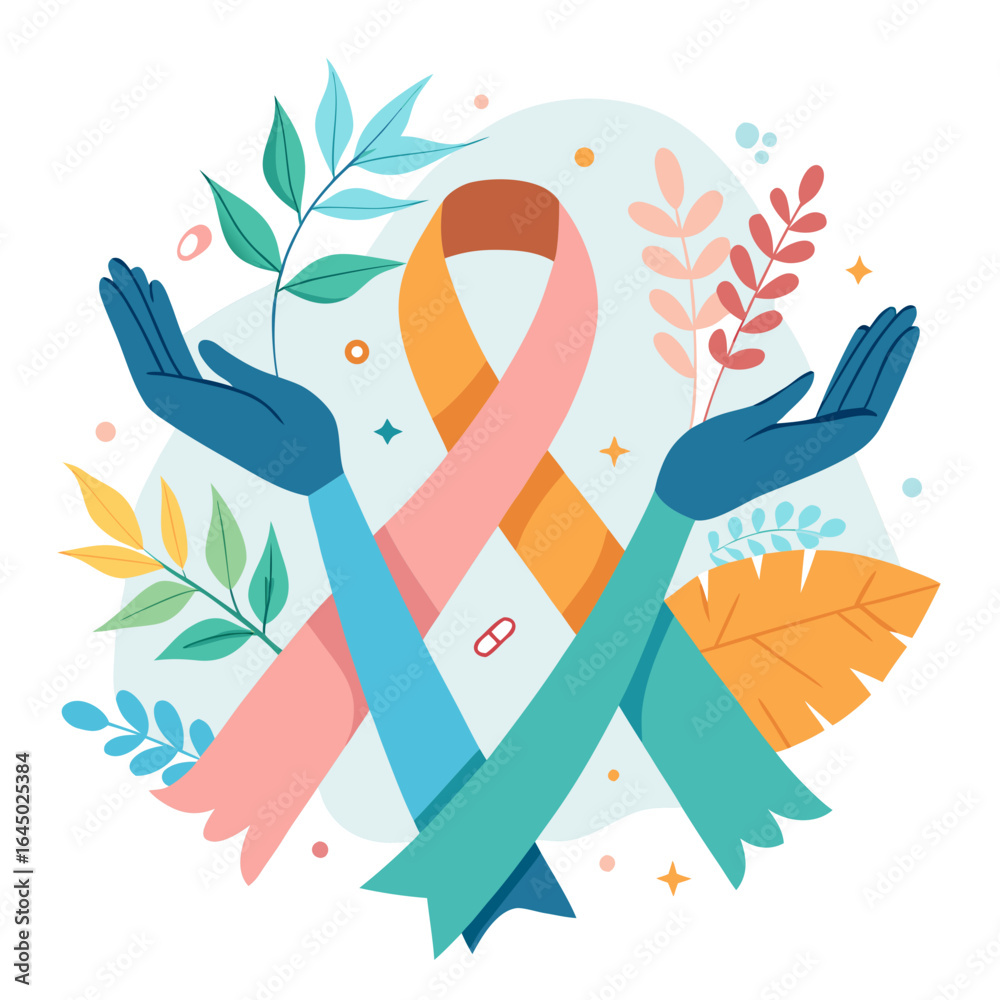 Fototapeta premium Awareness Ribbon with Hands and Leaves Vector Illustration