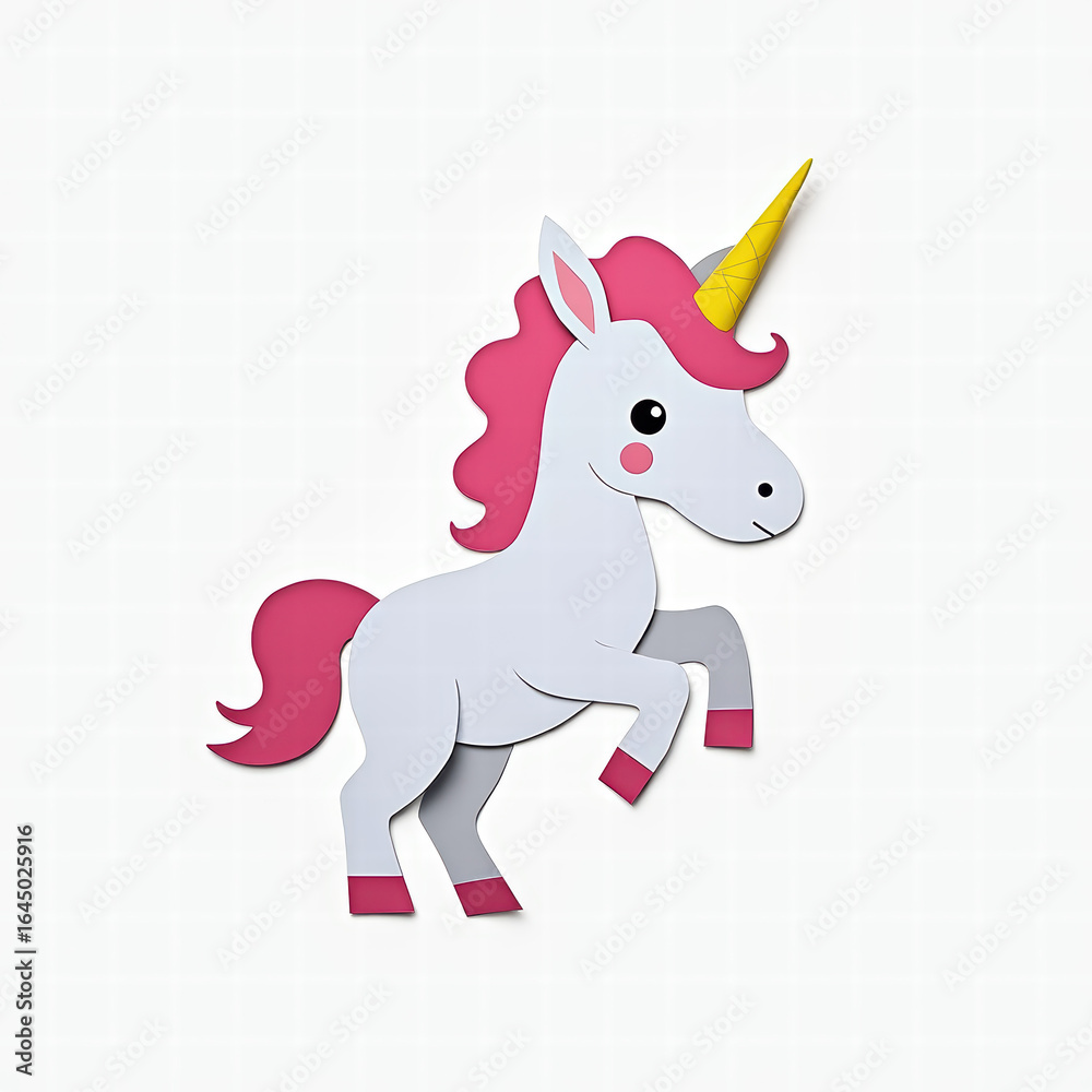 Naklejka premium Whimsical Pink and White Unicorn with Yellow Horn on White Background