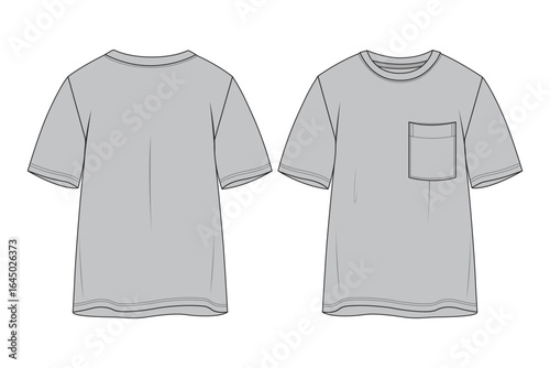 Crew Neck T-Shirt with Pocket Technical Flat.	Men's Basic Pocket Tee Vector Illustration. Grey Short Sleeve T-Shirt Apparel Template
