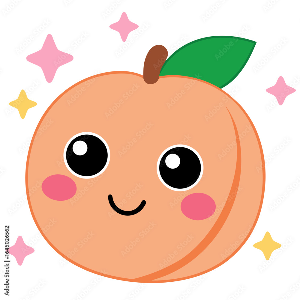 Obraz premium Joyful kawaii peach character radiating happiness with sparkling stars, perfect for children's content, food branding, and cheerful designs.
