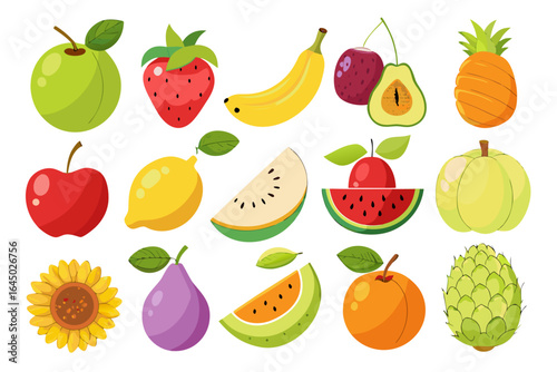 Vibrant collection of fresh, colorful fruits and a sunflower, perfect for healthy eating, summer themes, and delightful food presentations