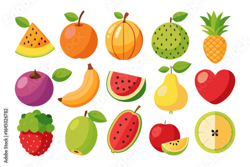 Vibrant collection of delicious and healthy fruits, including watermelon, apple, pear, banana, pineapple, strawberry, and plum, perfect for promoting healthy eating and wellness
