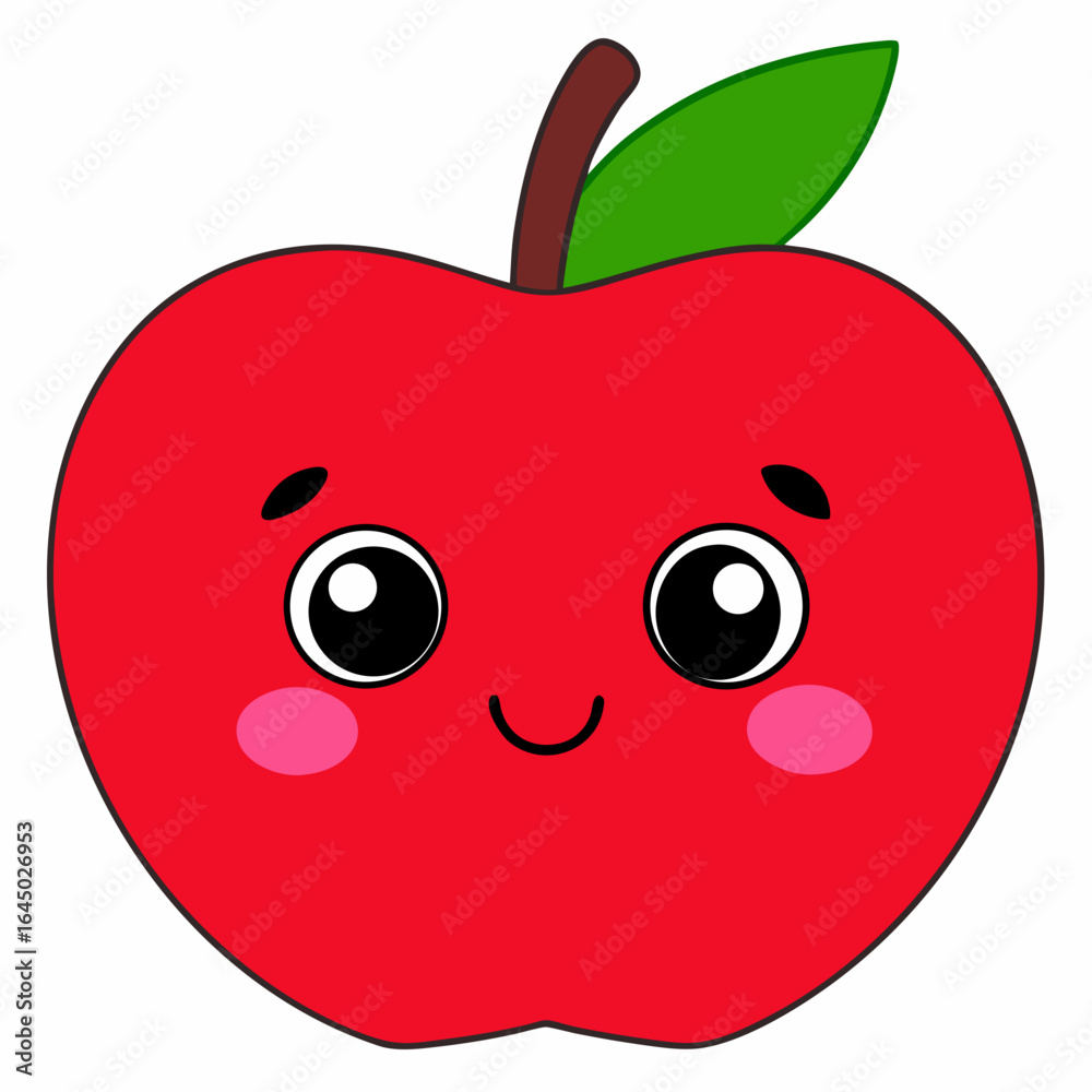 Obraz premium Adorable kawaii red apple character with a cheerful smile and rosy cheeks, perfect for children's books, educational materials, and healthy eating campaigns, bringing vibrant fun and sweetness.