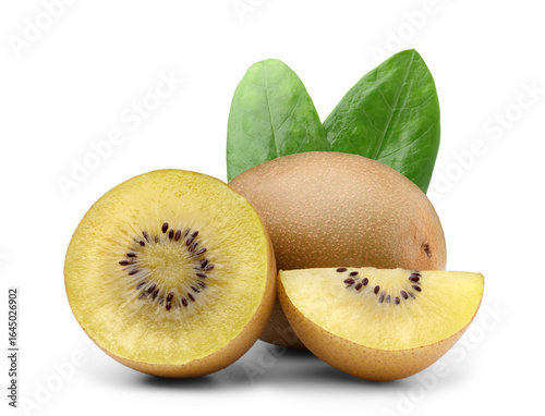 Fresh whole golden kiwi fruit and cut kiwi fruit to reveal juicy yellow flesh and seeds. isolated on white background.