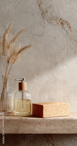 A minimalist still life featuring a clear glass soap dispenser with a wooden top, a light brown soap, pampas grass, and a glass vase on a light wood