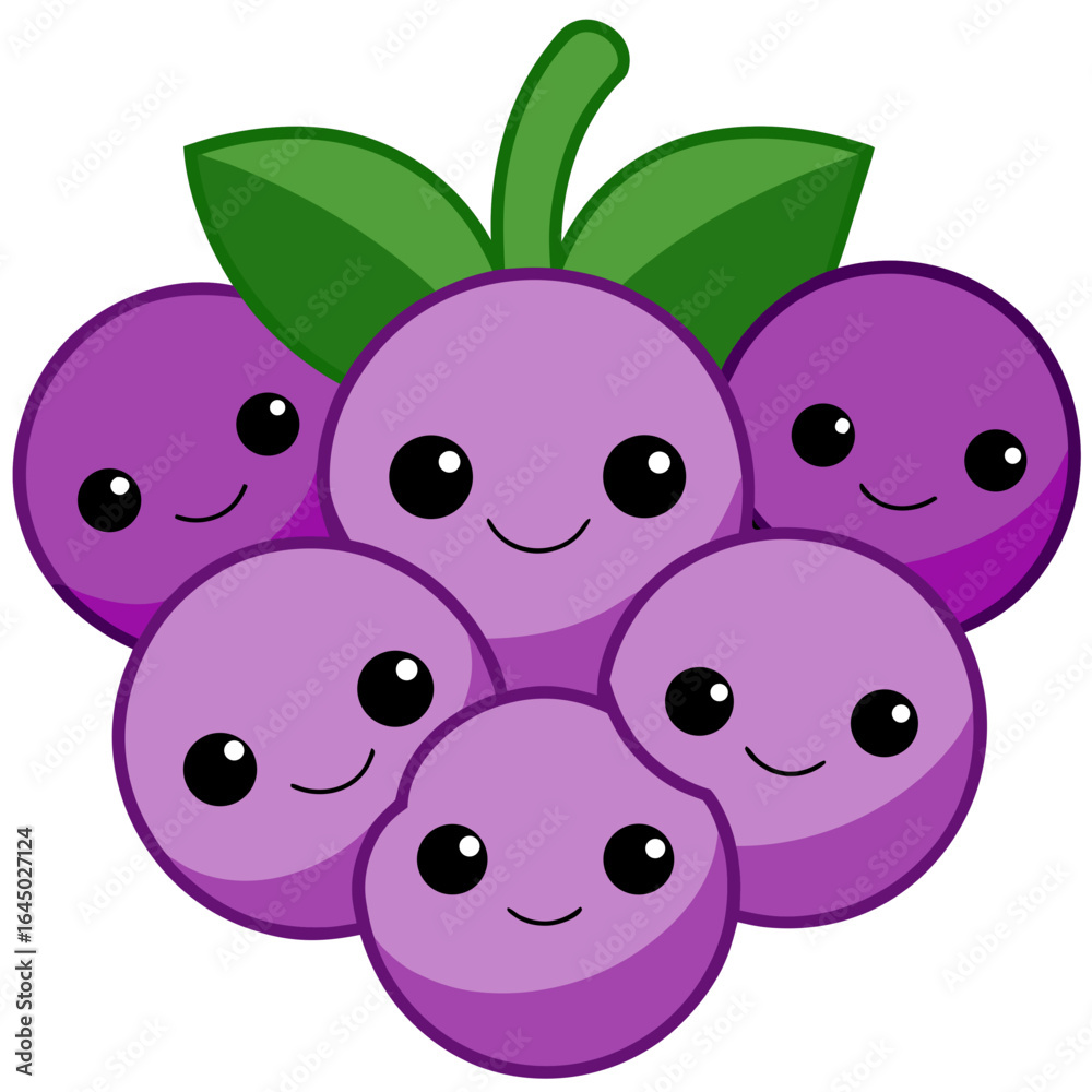 Obraz premium Adorable cluster of happy purple grapes with green leaves, perfect for playful designs, children's books, and healthy food promotions, radiating joy and sweetness for vibrant marketing campaigns.