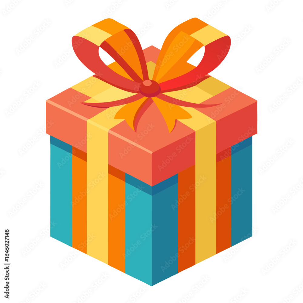 Fototapeta premium Vibrant isometric gift box with colorful stripes and a festive ribbon bow, perfect for celebrations, holidays, and surprise announcements, conveying joy and excitement