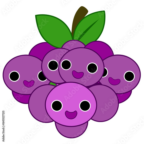 Adorable bunch of smiling purple grapes with green leaves, perfect for children's books, healthy eating campaigns, and fun food-related designs.