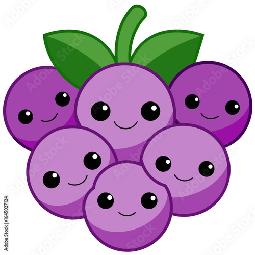Adorable cluster of happy purple grapes with green leaves, perfect for playful designs, children's books, and healthy food promotions, radiating joy and sweetness for vibrant marketing campaigns.
