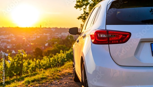 White car on a hill at sunset
