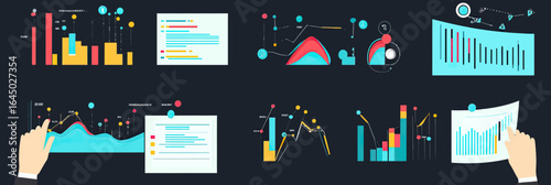 Flat minimalist business analytics graphs and charts with data visualization, investment planning, financial reports, and statistical analysis in vector style
