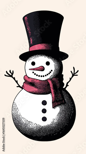 Minimalist vector snowman wearing tall black top hat and red scarf with carrot nose and stick arms on light background winter holiday illustration
