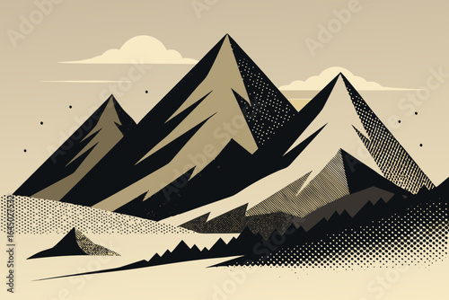 Dramatic mountain range emerges with bold geometric shapes and subtle textures under a serene sky, evoking adventure and natural grandeur