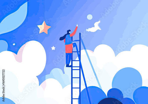 Businesswoman climbing ladder among clouds reaching for hanging star symbolizing success achievement career goal ambition and dream concept in minimalist style