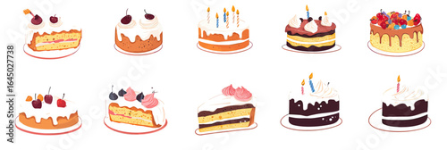 Assorted colorful birthday cake slices with candles, cream decorations, cherries, layered sponge and frosting in flat minimalist vector style on white background