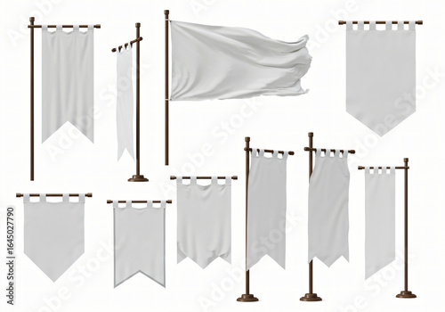 white pennant flags mock up, blank vertical banners on flagpole. Isolated medieval heraldic empty ensign templates