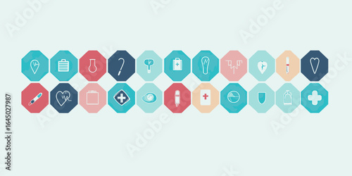 Flat minimalist medical and health icons collection with stethoscope syringe pill heart clipboard thermometer vector background pattern design