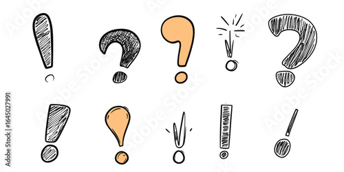 Hand drawn doodle exclamation points and question marks sketch set with scribble style isolated vector illustration in minimalist flat design