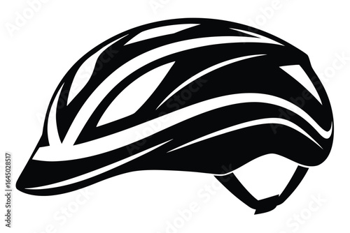 Streamlined black and white bicycle helmet demonstrates safety with a for cyclist