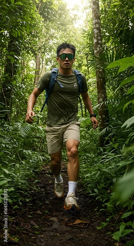 Determined Hiker in Green Sunglasses Strides Through a Sunlit Tropical Rainforest
