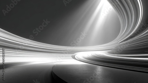 Abstract grayscale interior design.  Dynamic curves and light beams converge in a futuristic space.  Smooth, metallic surfaces create a sense of elegance and movement