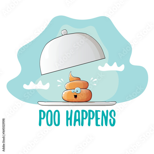 vector funny cartoon cool cute brown smiling poo icon sitting on food silver tray isolated on blue sky with white clouds background. poo happens concept illustration