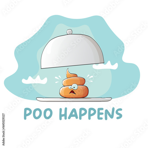 vector funny cartoon cool cute brown smiling poo icon sitting on food silver tray isolated on blue sky with white clouds background. poo happens concept illustration