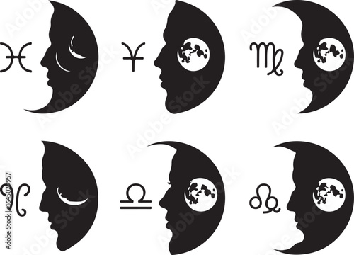 Zodiac symbols with moon faces astrology