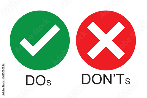 do dont icon. good true dos and bad false donts. like unlike error. green red circles on white backgrounds. okay fail sign. ok negative incorrect correct. social accept. approved positive