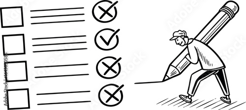 Person using giant pencil completes checklist, symbolizing tasks done, choices made, and achieving goals successfully