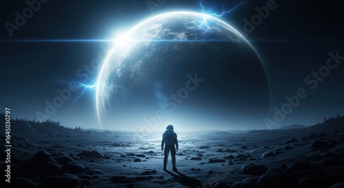 Lone astronaut gazes at a colossal glowing planet in a surreal alien landscape