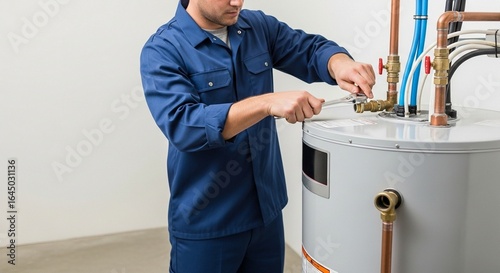 Professional Technician Working on Residential Water Heater Installation or Repair with Wrench and Pipes