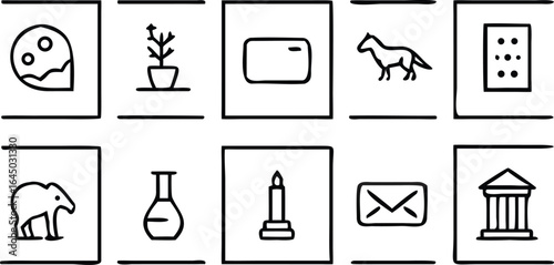 Collection of diverse hand-drawn icons in squares palette