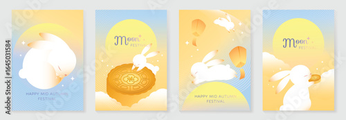 Happy mid autumn festival poster vector set. Wallpaper template with cute rabbit, moon, cloud, moon cake on yellow blue gradient background. Illustration design for cover, banner, flyer, card, ads.