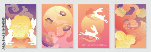 Happy mid autumn festival poster vector set. Wallpaper template with cute rabbit, moon, cloud, flower, moon cake on red purple gradient background. Illustration design for cover, banner, card, ads.